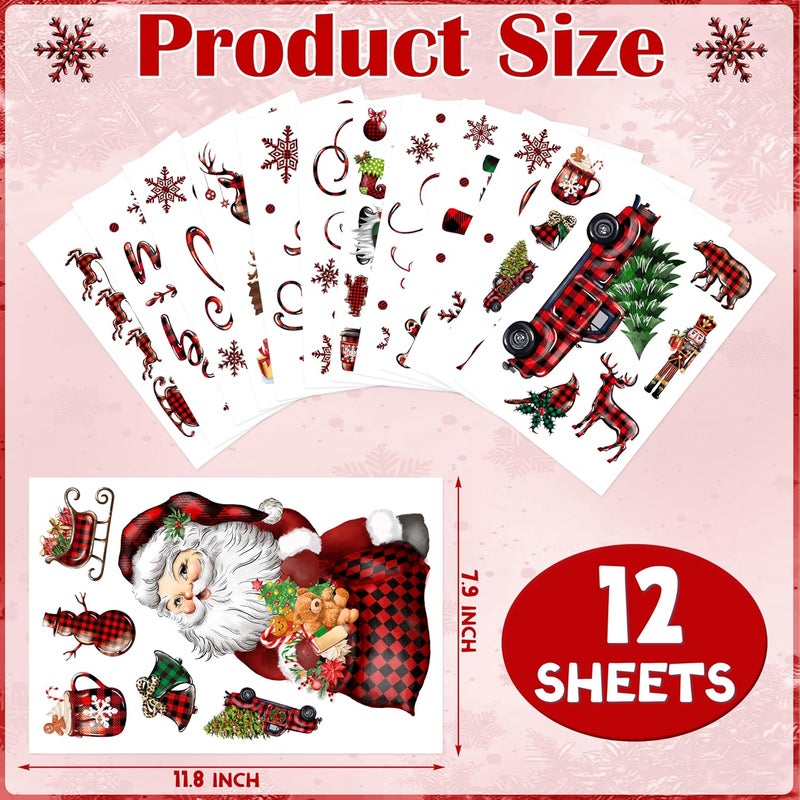 BORAMDO Christmas Window Clings 12 Sheets, Buffalo Plaid Xmas Window Decals Stickers Removable Holiday Decorations for Home & Office, 12 Styles - Image 2